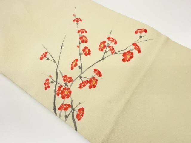 縮緬地手描き花・枝模様名古屋帯